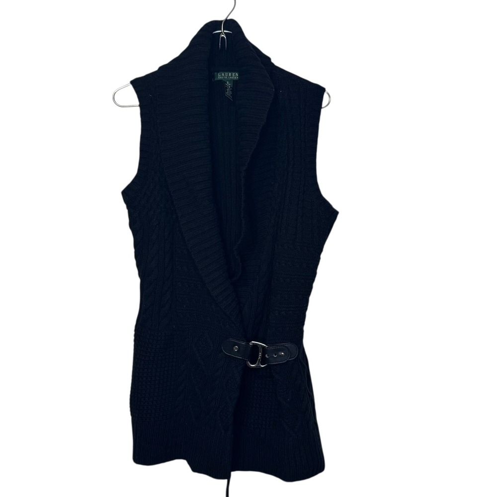 Lauren Ralph Lauren Women Sweater Vest Knit Buckle Belt Cotton Blend Black Small